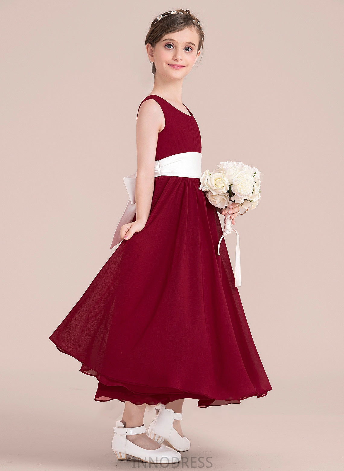 Scoop Neck Bow(s) Empire Chiffon Junior Bridesmaid Dresses With Ankle-Length Kamari Sash A-Line