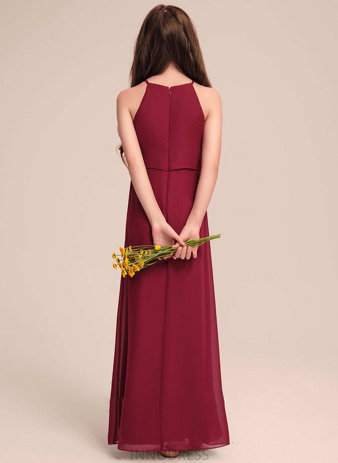 A-Line Ashanti Junior Bridesmaid Dresses With Neck Ruffles Scoop Chiffon Floor-Length