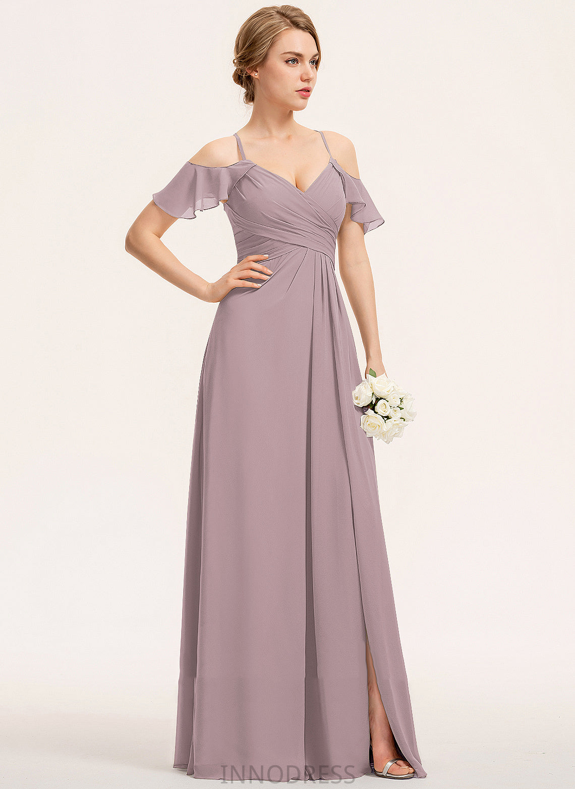 ColdShoulder Silhouette Floor-Length Neckline Length SplitFront CascadingRuffles Embellishment V-neck A-Line Fabric Ruffle Bridesmaid Dresses