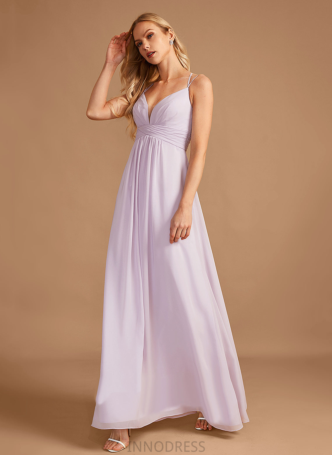 Ruffle V-neck Length Fabric Silhouette Neckline Floor-Length A-Line Embellishment Dominique Sleeveless Natural Waist Bridesmaid Dresses