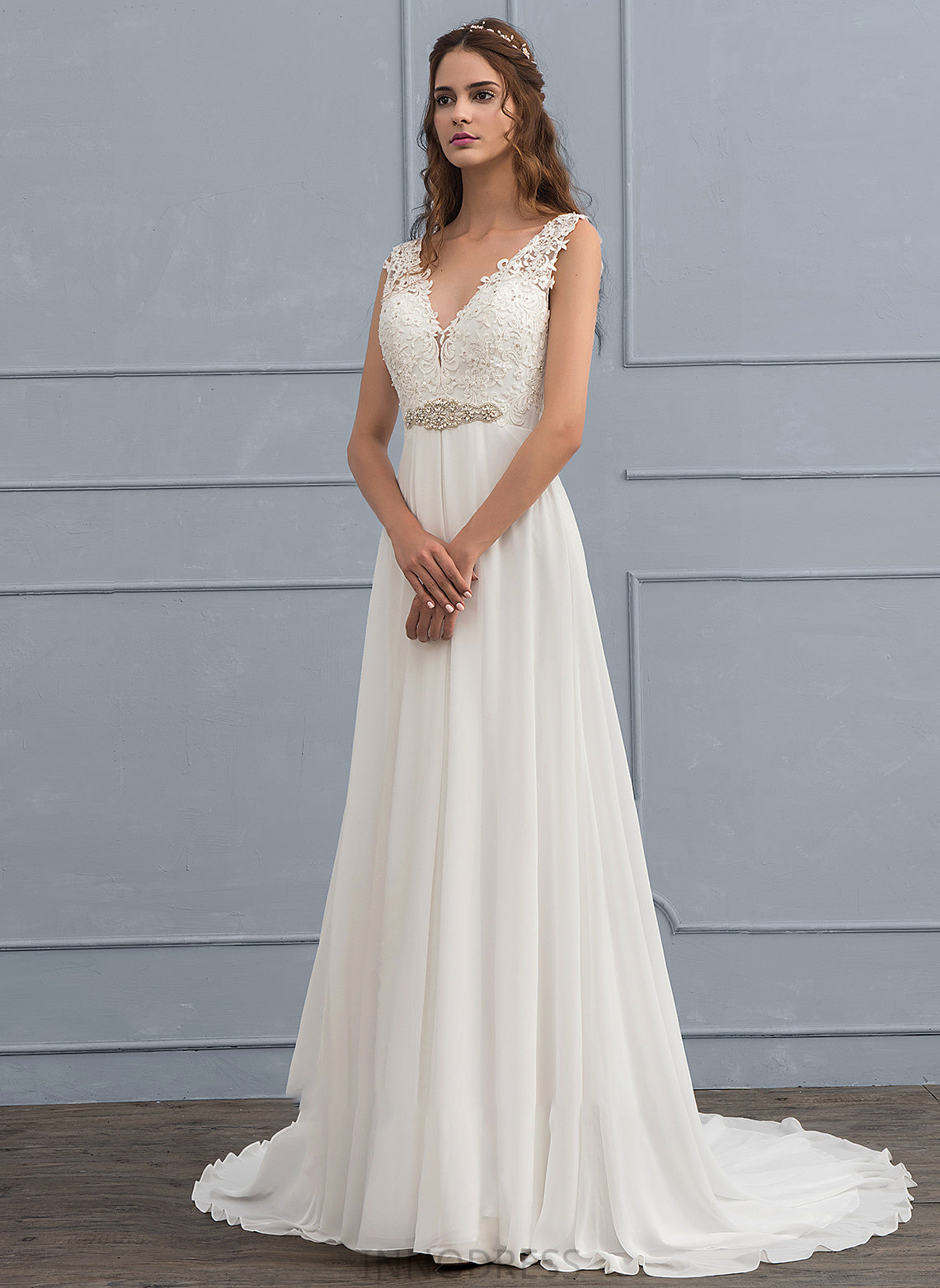 Elaina Court Chiffon Wedding Dress Wedding Dresses A-Line Sequins Beading Train With V-neck