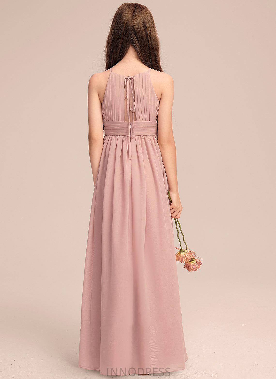 With Neck Junior Bridesmaid Dresses Ruffle Scoop Floor-Length A-Line Raven Chiffon