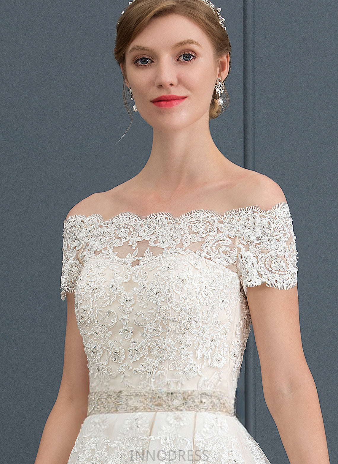 Sequins Court Lace Train Off-the-Shoulder Wedding Destinee Ball-Gown/Princess With Wedding Dresses Beading Tulle Dress