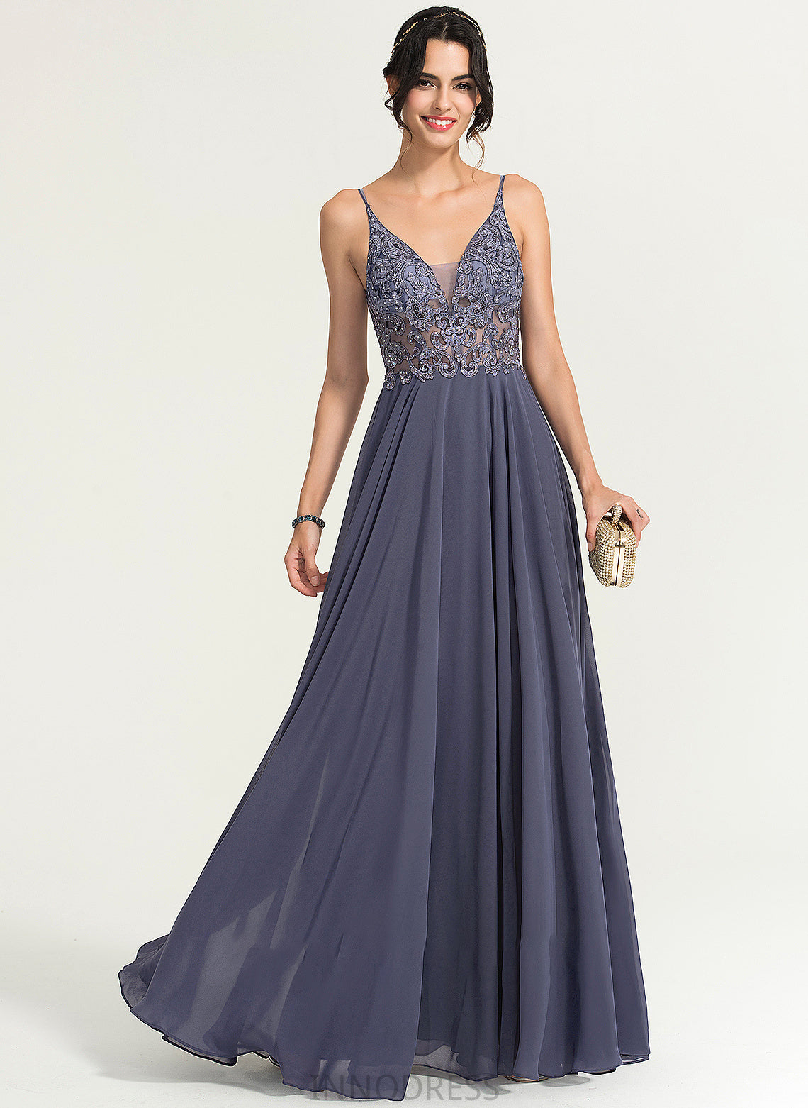 V-neck Lilliana Sequins A-Line Chiffon Beading With Floor-Length Prom Dresses