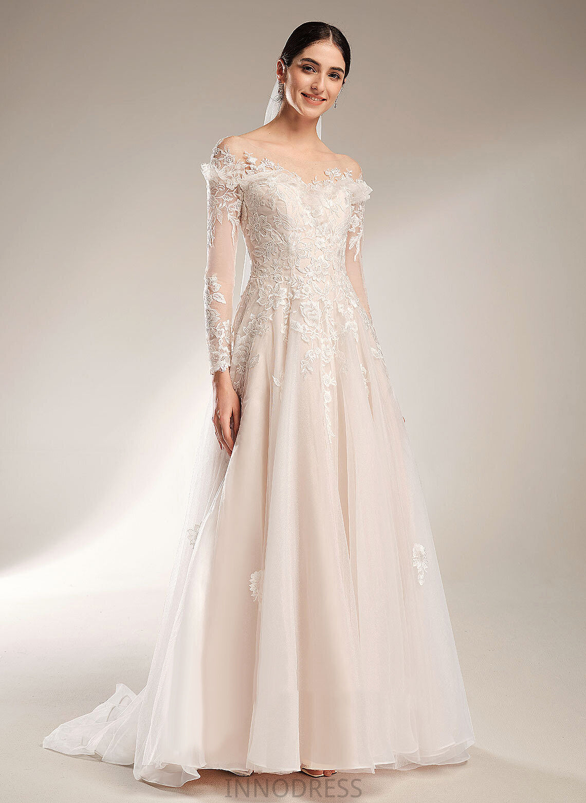 Court Wedding Dress Tulle Ball-Gown/Princess Train Caylee Sequins Lace Off-the-Shoulder With Wedding Dresses