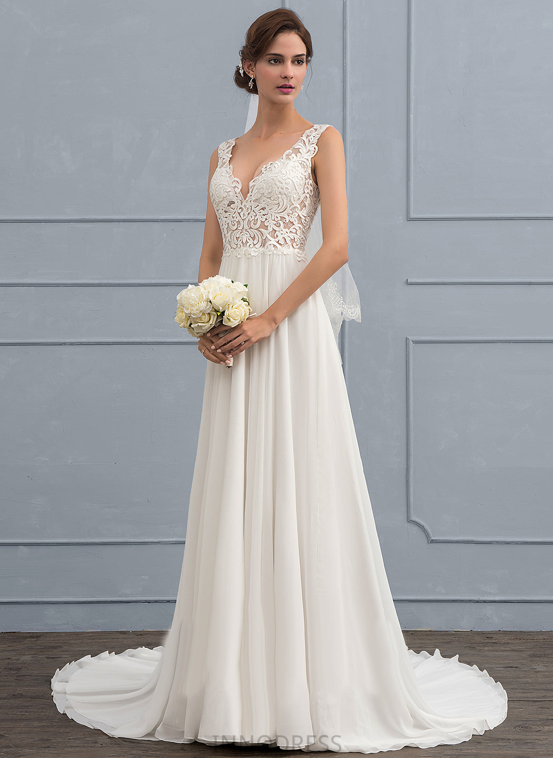 V-neck Elaina Wedding Dresses Dress Chiffon Court A-Line Train Lace Wedding