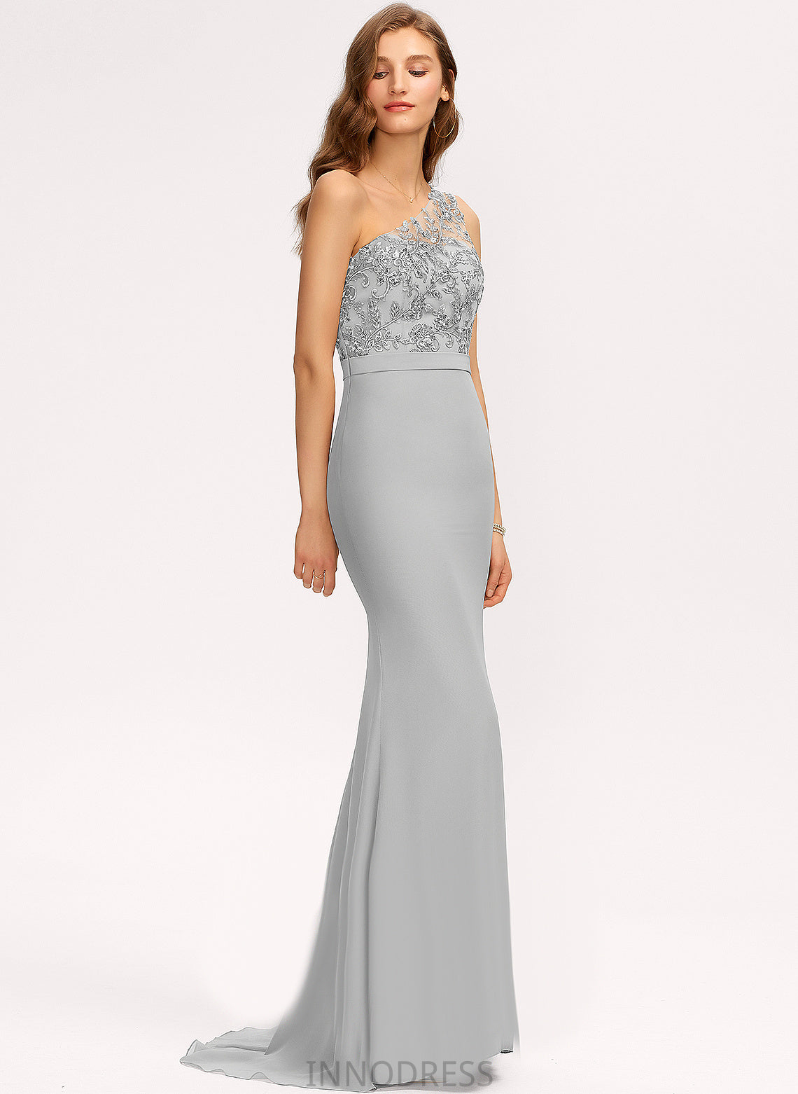 Neckline Sequins SweepTrain Trumpet/Mermaid Embellishment One-Shoulder Silhouette Length Fabric Kathryn Floor Length Sleeveless Bridesmaid Dresses