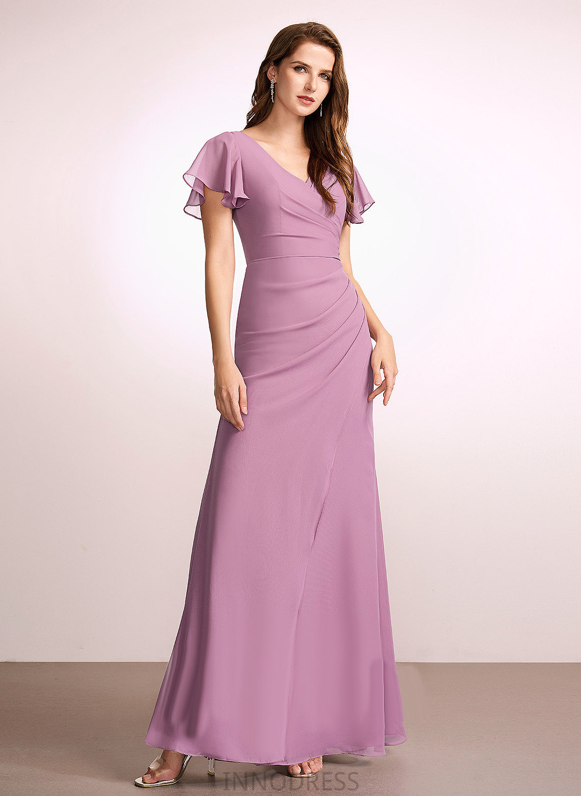 Fabric V-neck Embellishment Sheath/Column Floor-Length Length Neckline Ruffle Silhouette Jewel Scoop Sleeveless Bridesmaid Dresses