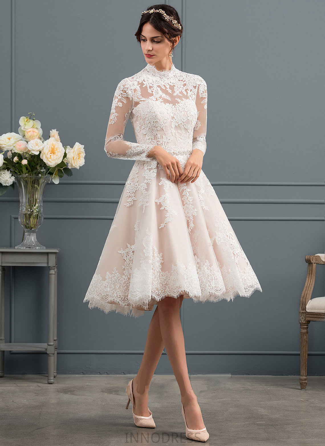 Knee-Length Illusion Wedding Dress Lace Sandra Wedding Dresses A-Line