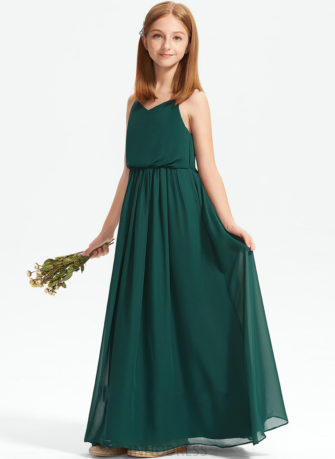 A-Line V-neck Annie Junior Bridesmaid Dresses Ruffle Floor-Length Chiffon With