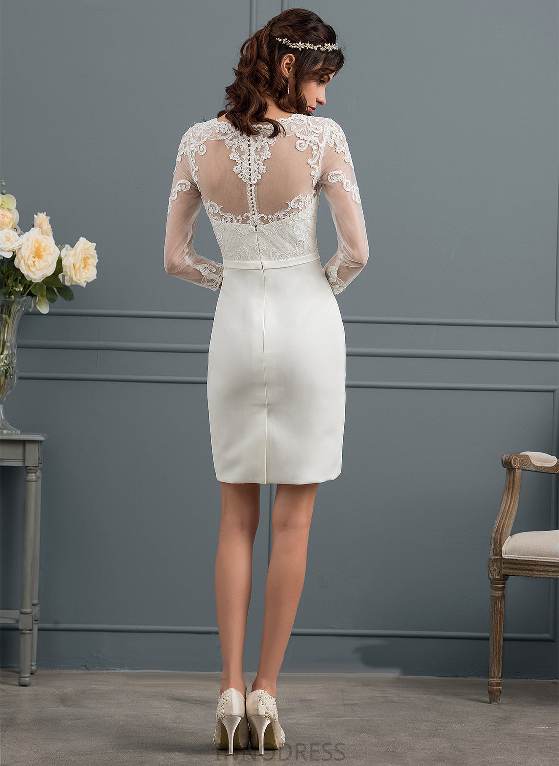 Crepe Lace Sequins Joanne Wedding Stretch Illusion Dress Knee-Length Wedding Dresses With Bow(s) Sheath/Column