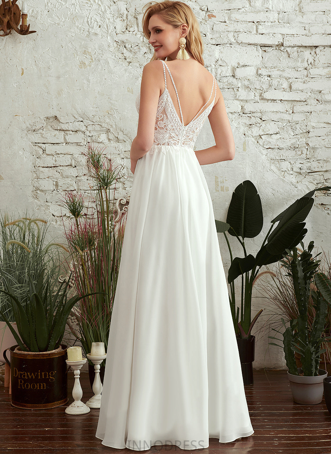 Floor-Length A-Line Wedding With V-neck Chiffon Wedding Dresses Lace Dress Beading Ireland