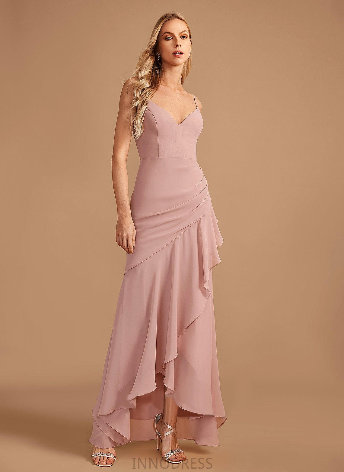 Silhouette Length Embellishment Asymmetrical Ruffle Trumpet/Mermaid V-neck Neckline Fabric Jazlene Natural Waist Floor Length Bridesmaid Dresses