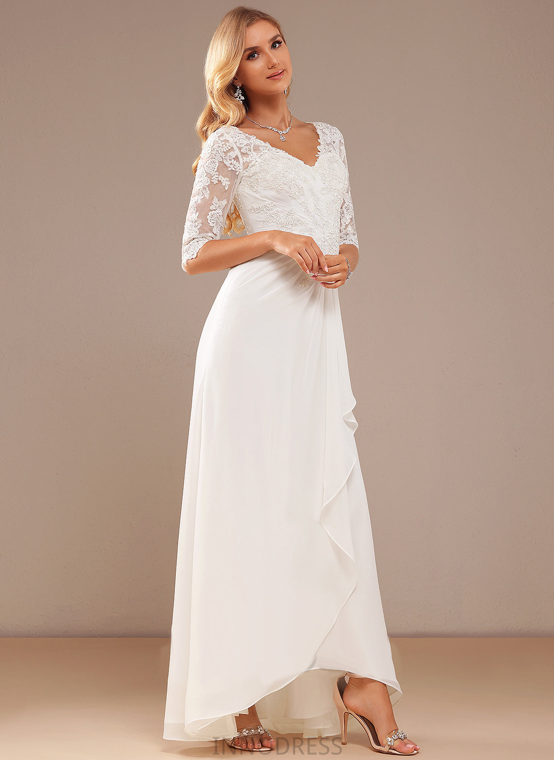 A-Line Chiffon Dress With Wedding Ruffle Lace Lace V-neck Wedding Dresses Asymmetrical Tianna