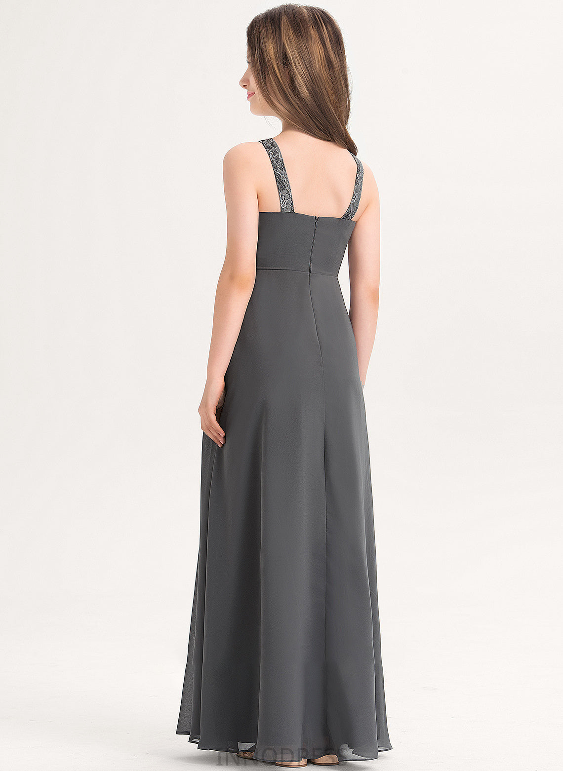 Junior Bridesmaid Dresses Makaila Chiffon Scoop With Neck Floor-Length Lace A-Line Ruffle