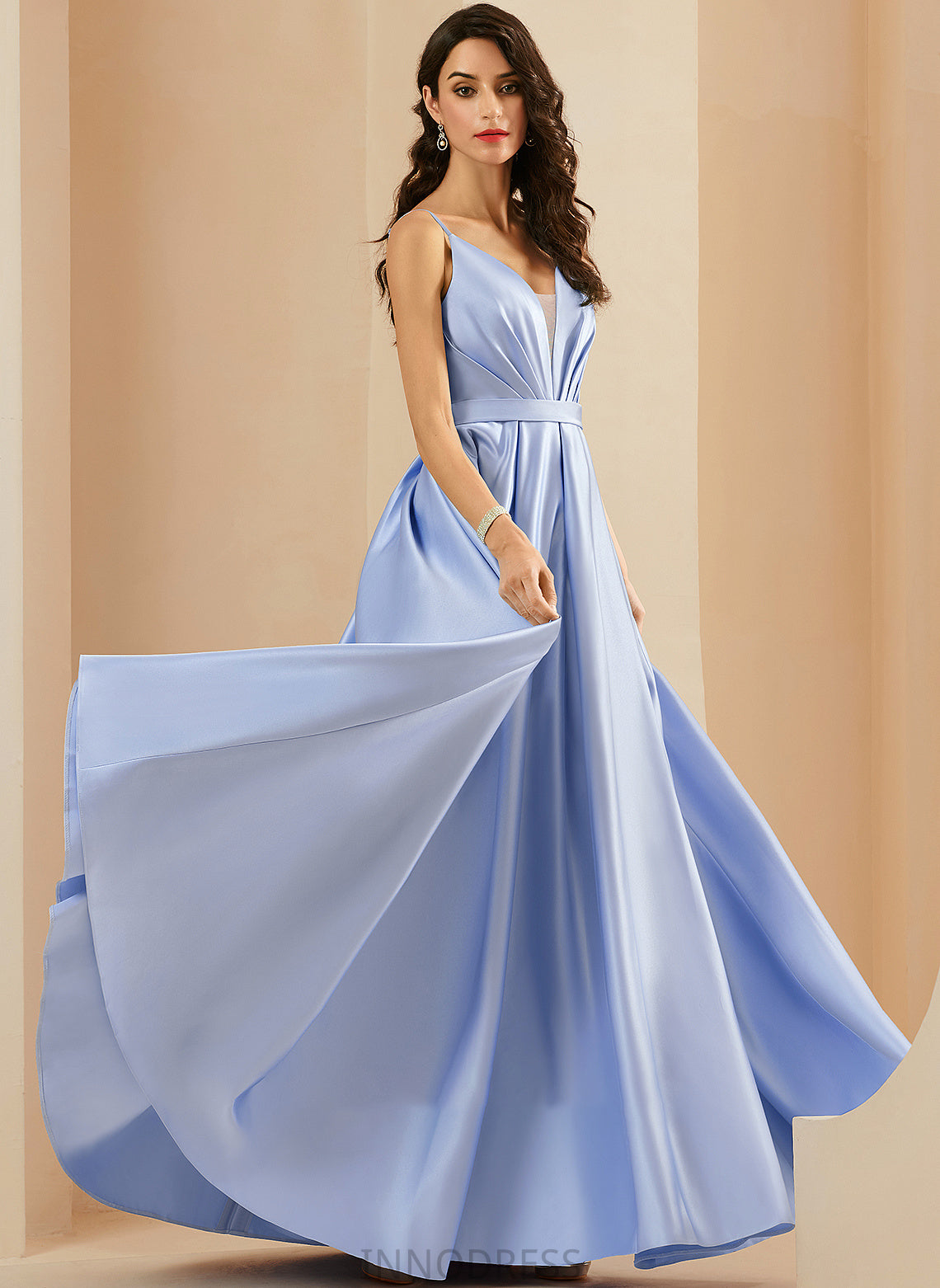 Ball-Gown/Princess Satin V-neck Prom Dresses With Pockets Floor-Length Abagail Ruffle