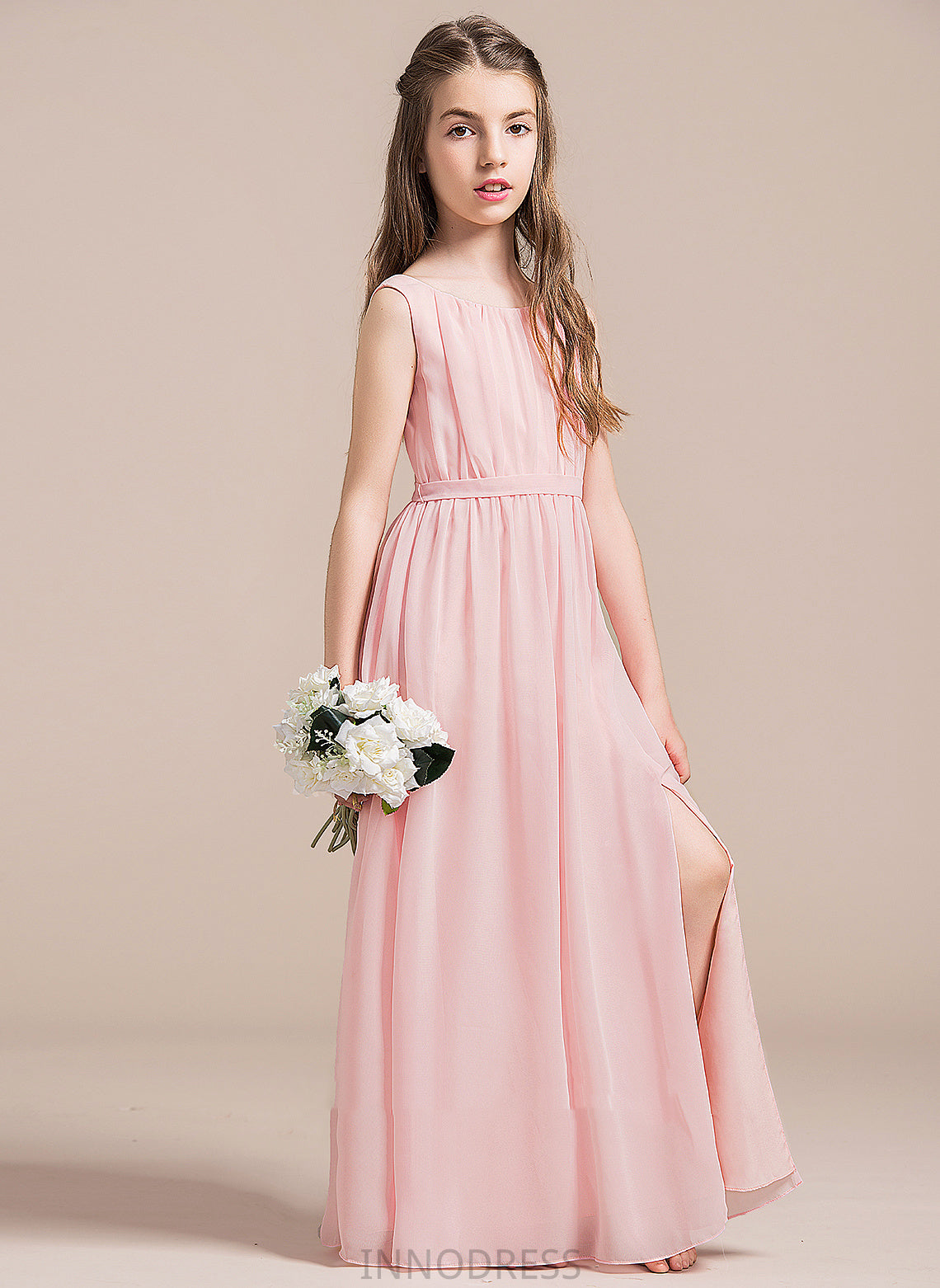 Split Ruffle Floor-Length Front Junior Bridesmaid Dresses A-Line With Hailie Neck Chiffon Scoop