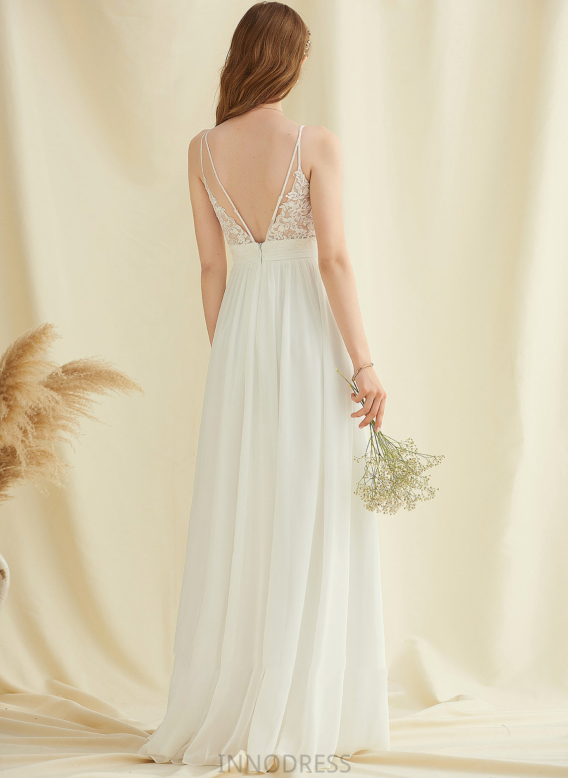 A-Line Wedding Dress Lace Chloe Chiffon With Floor-Length V-neck Wedding Dresses