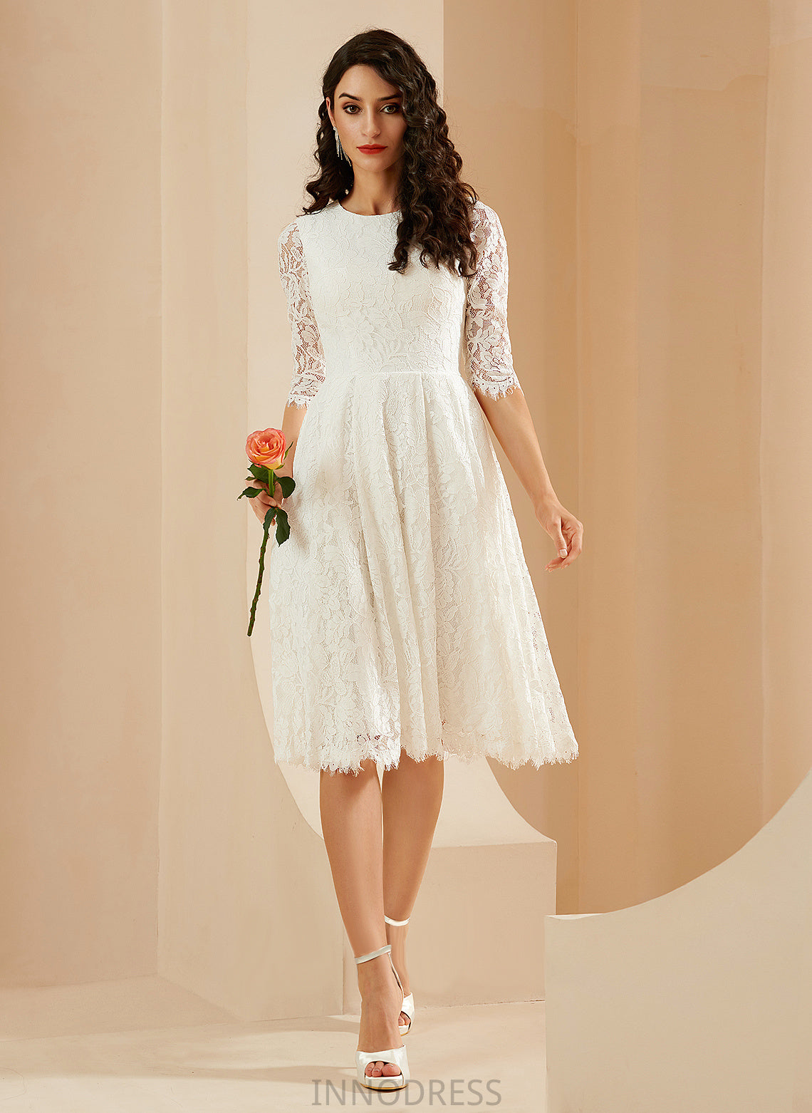 A-Line Dress Wedding Lace Neck Scoop Wedding Dresses Knee-Length Harriet