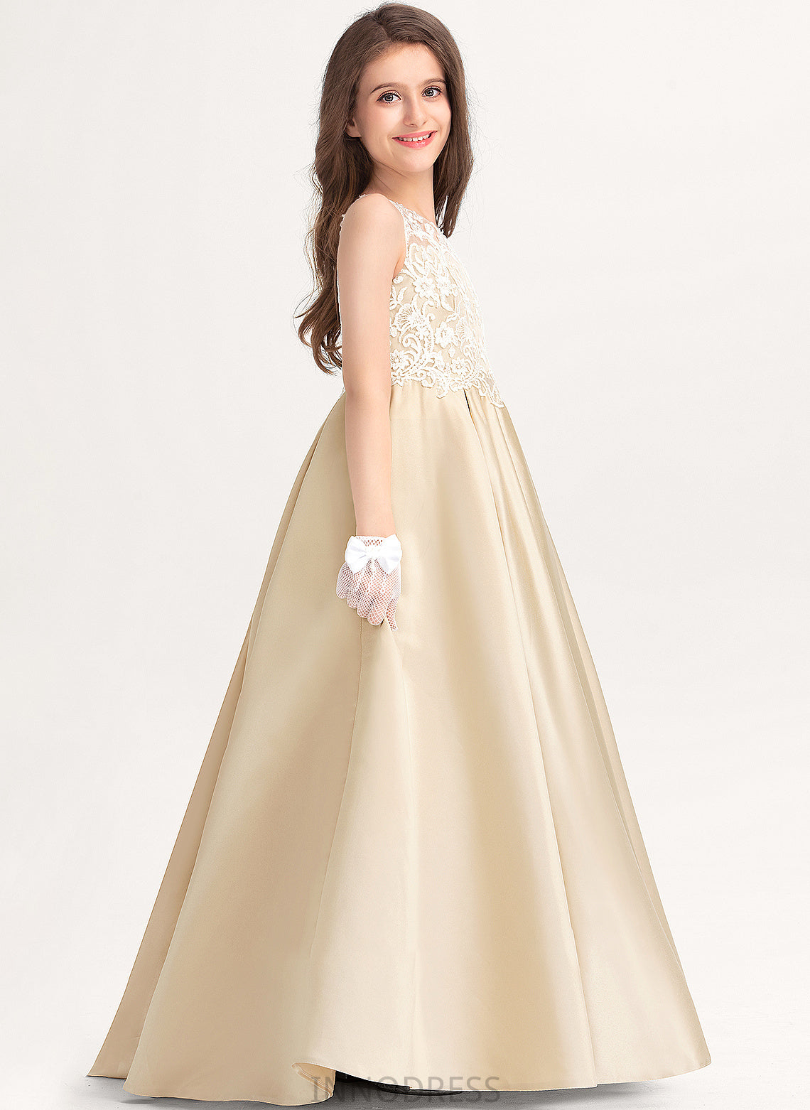 Scoop Satin Ball-Gown/Princess Lace Floor-Length Junior Bridesmaid Dresses Anabel Neck