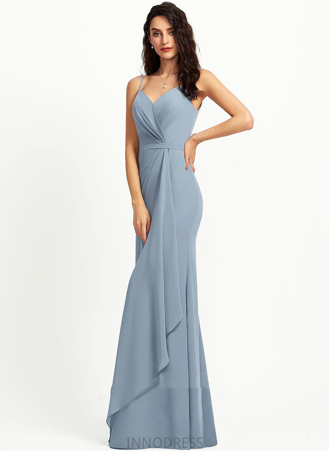 Silhouette Neckline V-neck Fabric Floor-Length Length Straps Sheath/Column Camilla Spaghetti Staps Natural Waist Sleeveless Bridesmaid Dresses