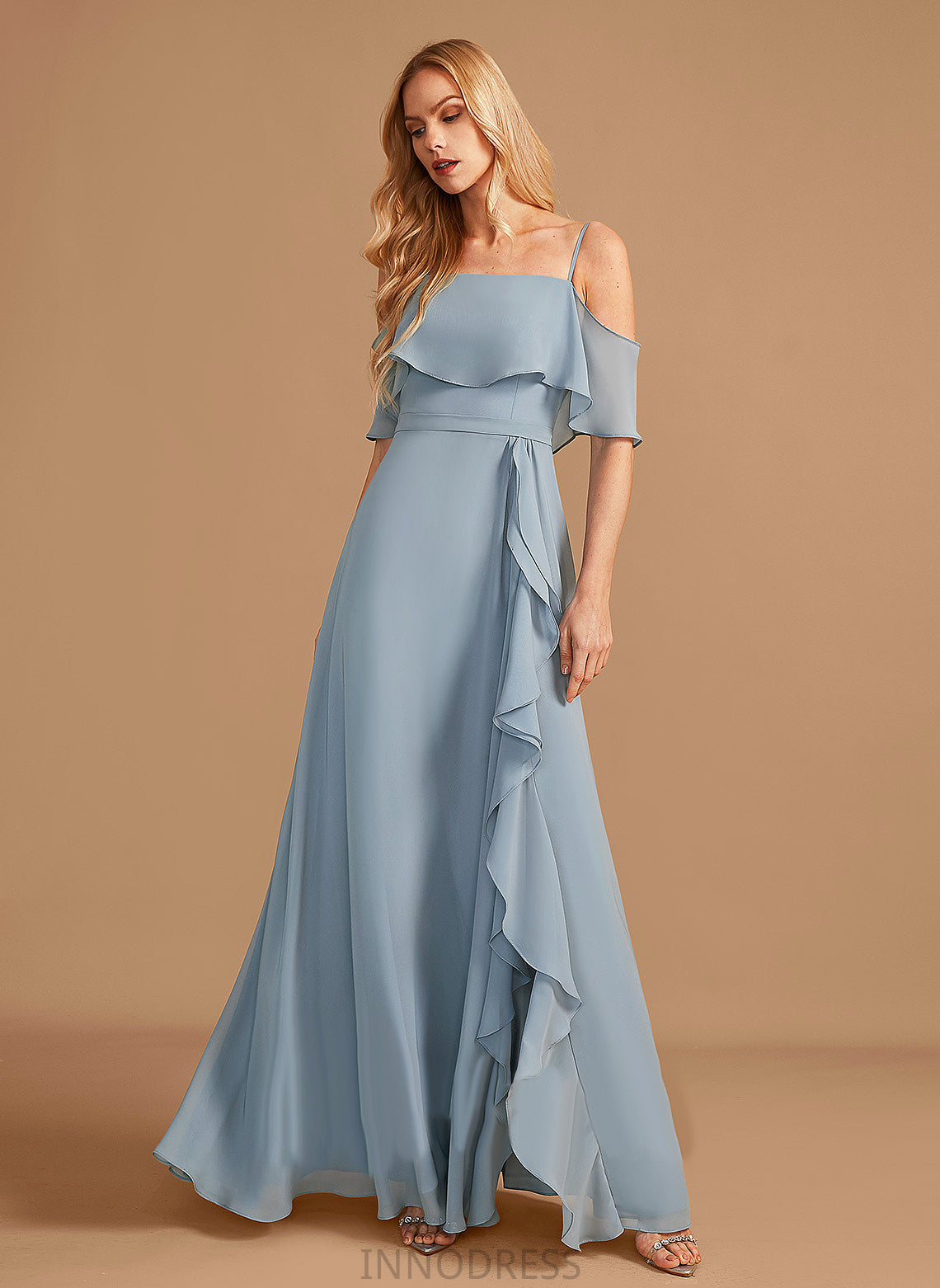 SplitFront Embellishment Length Neckline Ruffle Fabric Off-the-Shoulder A-Line Floor-Length Silhouette Emery Sleeveless Bridesmaid Dresses