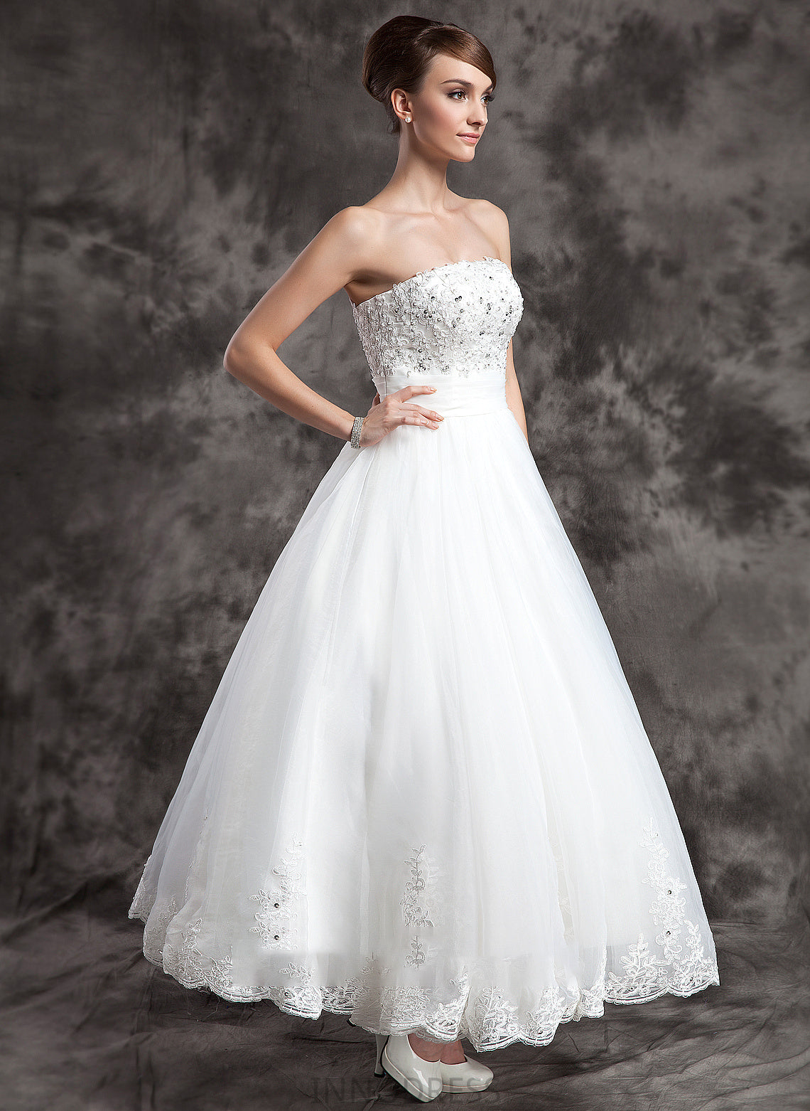 Ball-Gown/Princess Beading Lace With Strapless Faith Wedding Satin Organza Dress Ankle-Length Wedding Dresses