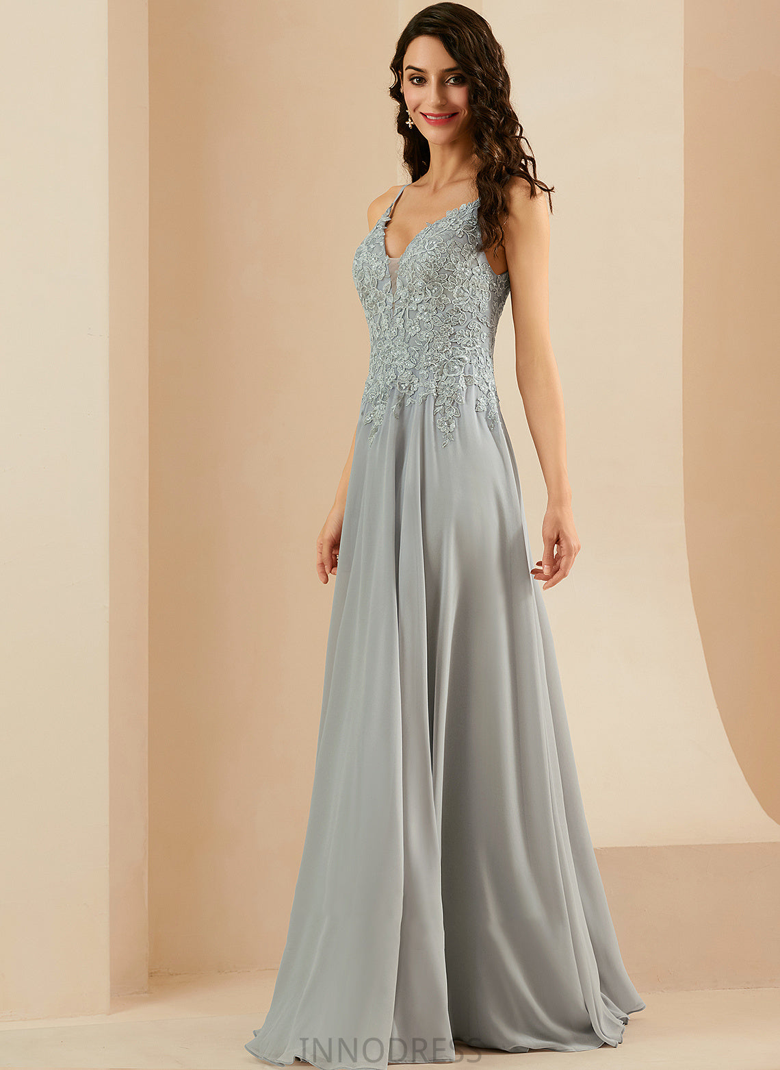 With Jaidyn Chiffon A-Line V-neck Sequins Lace Front Floor-Length Split Prom Dresses