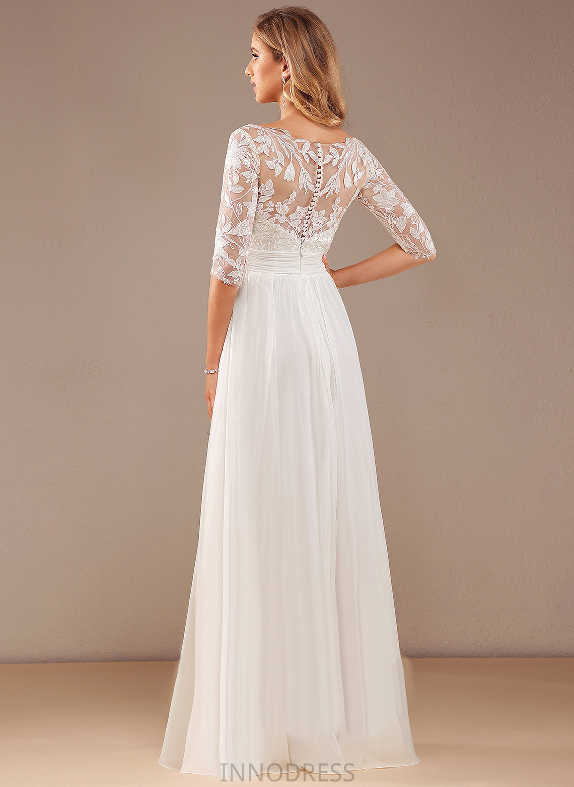 Ruffle A-Line Wedding Dresses With Chiffon Saige Dress Lace V-neck Lace Floor-Length Sequins Wedding