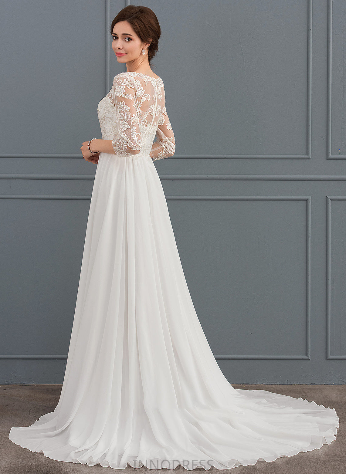 Sequins Logan Sweep With Beading Lace Chiffon Train Wedding A-Line Dress V-neck Wedding Dresses