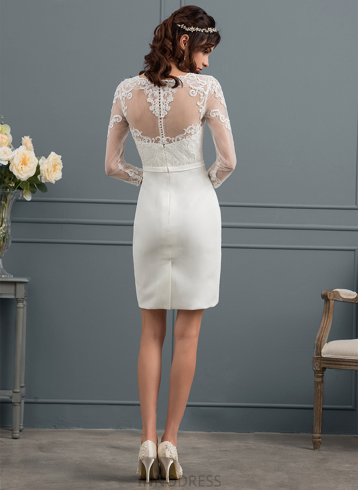 Sheath/Column Bow(s) Wedding Dresses Marisol Crepe Stretch With Knee-Length Illusion Sequins Dress Wedding