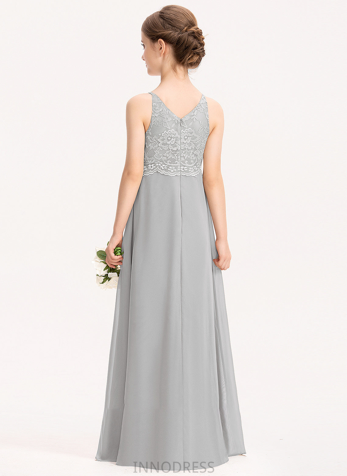 Floor-Length A-Line V-neck Junior Bridesmaid Dresses Lace Chiffon Rebecca