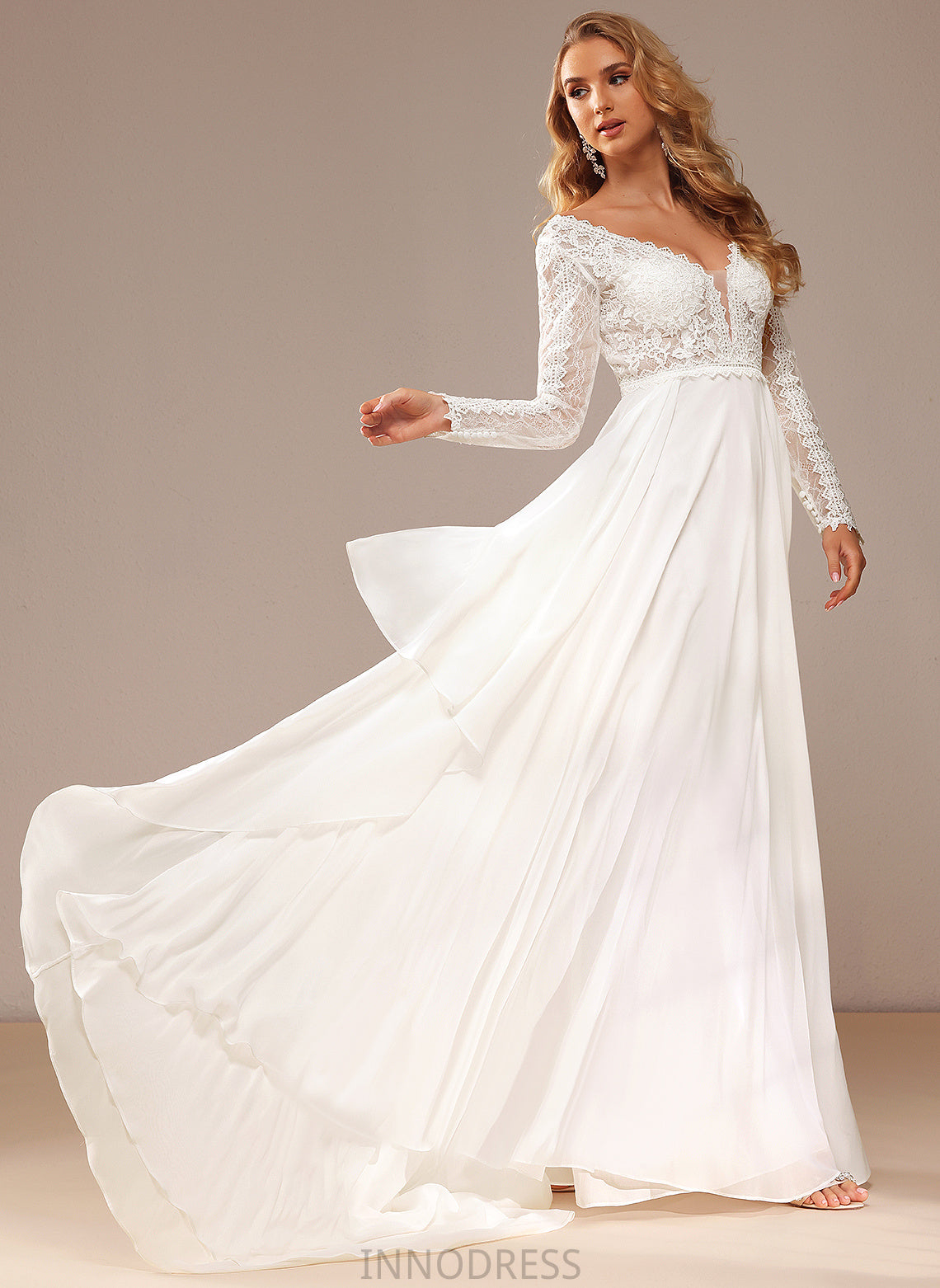 Amirah Wedding A-Line Train Lace With V-neck Court Wedding Dresses Ruffle Lace Chiffon Dress