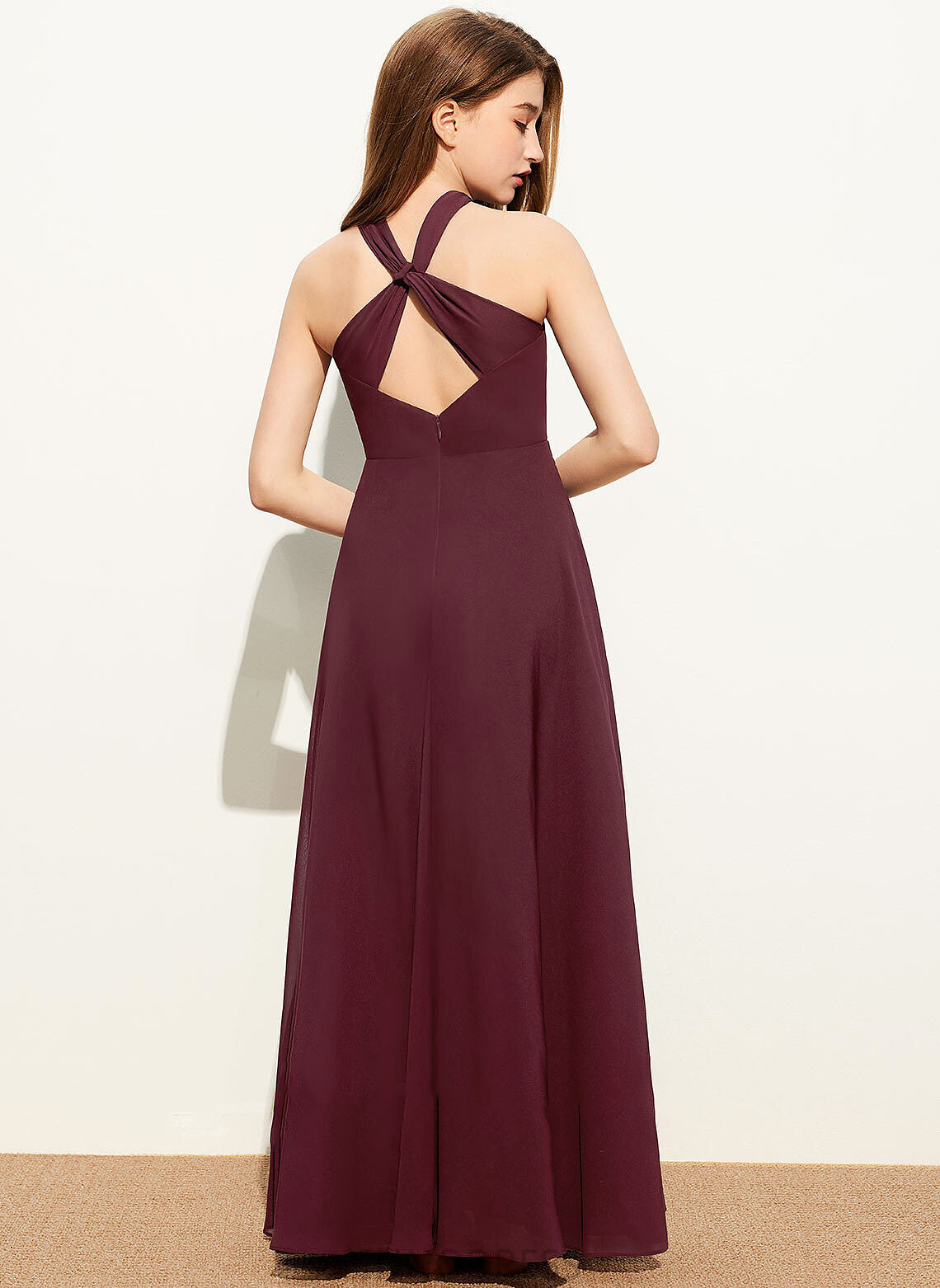 Chiffon With A-Line Ruffle Lilith Floor-Length Junior Bridesmaid Dresses V-neck