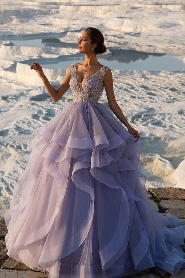 Elegant Ruffles Sweep Train Tulle A Line With Beading Prom Dresses