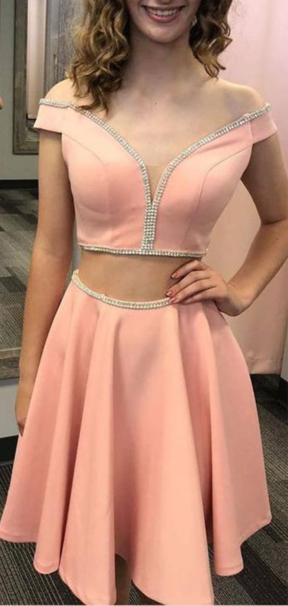 Impressive Two Pieces Off the Shoulder V Neck Homecoming Dresses