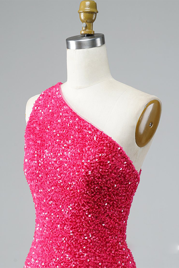 Glitter One-Shoulder Hot Pink Homecoming Dresses Melanie With Sequins