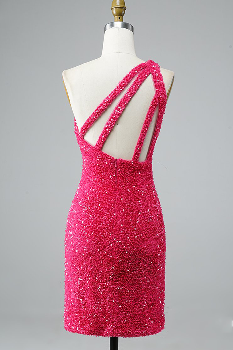 Glitter One-Shoulder Hot Pink Homecoming Dresses Melanie With Sequins