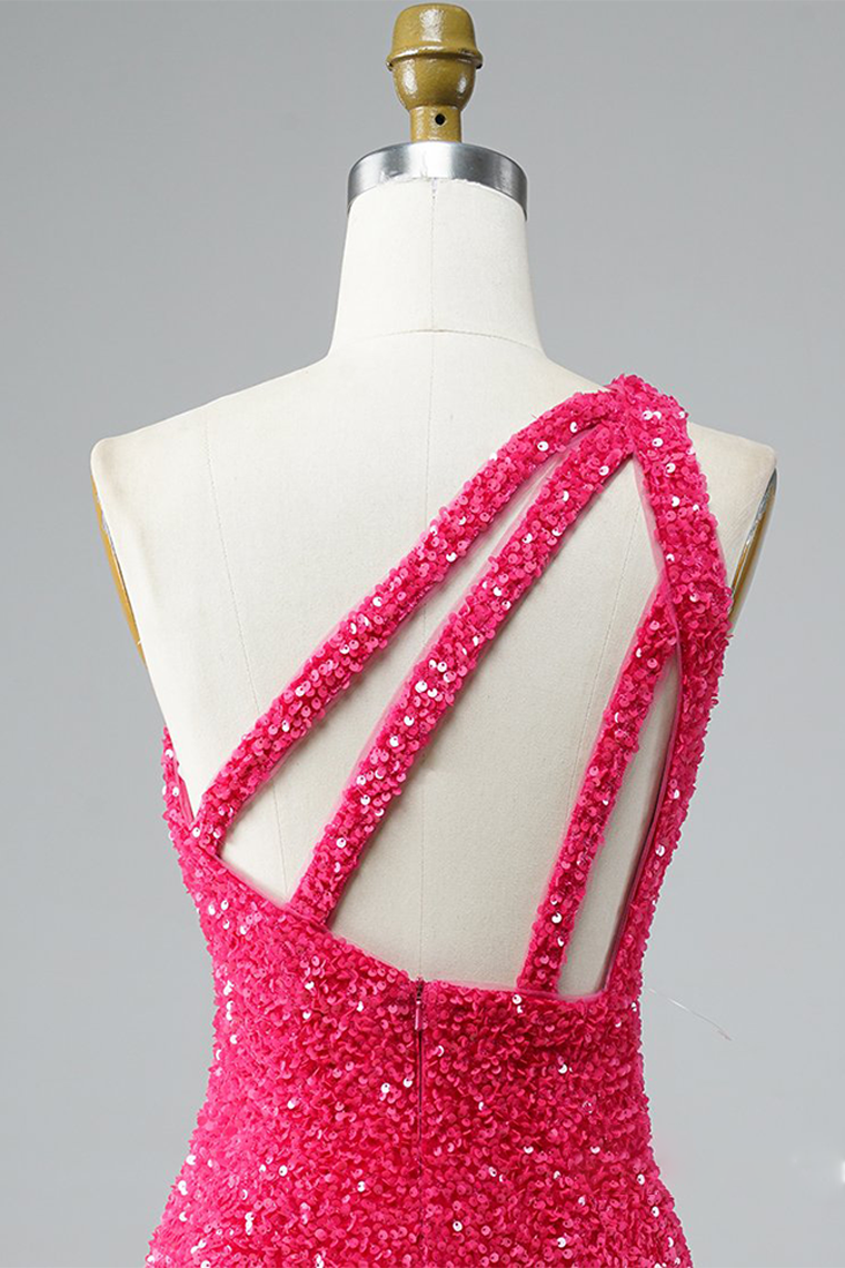 Glitter One-Shoulder Hot Pink Homecoming Dresses Melanie With Sequins