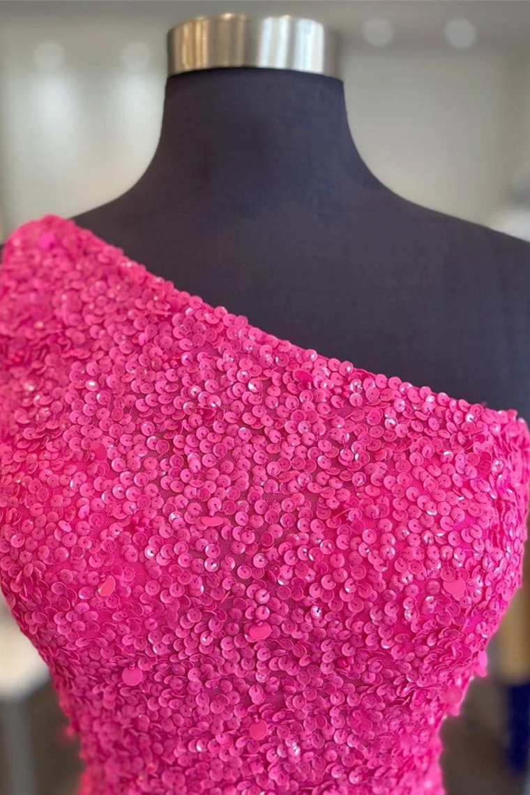 Glitter One-Shoulder Hot Pink Homecoming Dresses Melanie With Sequins