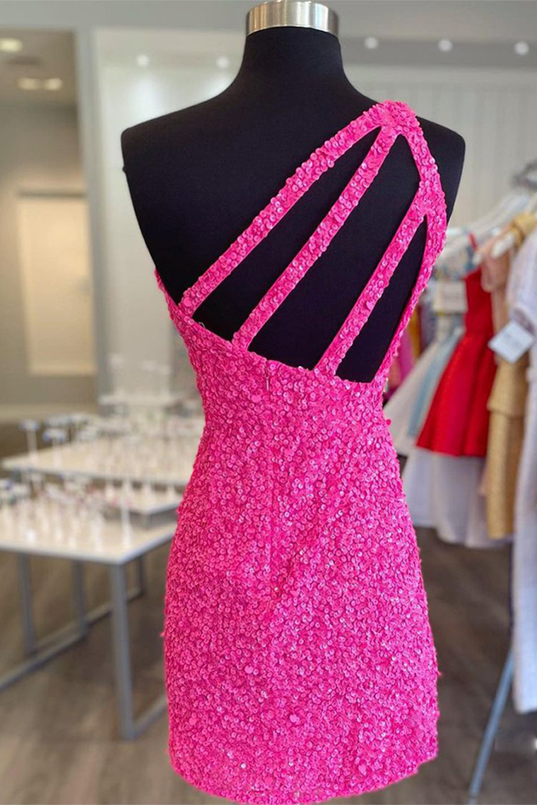 Glitter One-Shoulder Hot Pink Homecoming Dresses Melanie With Sequins