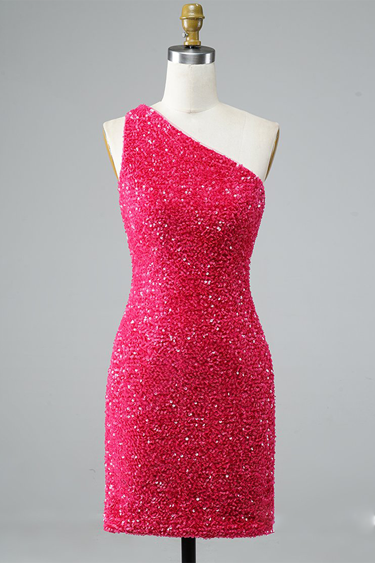 Glitter One-Shoulder Hot Pink Homecoming Dresses Melanie With Sequins