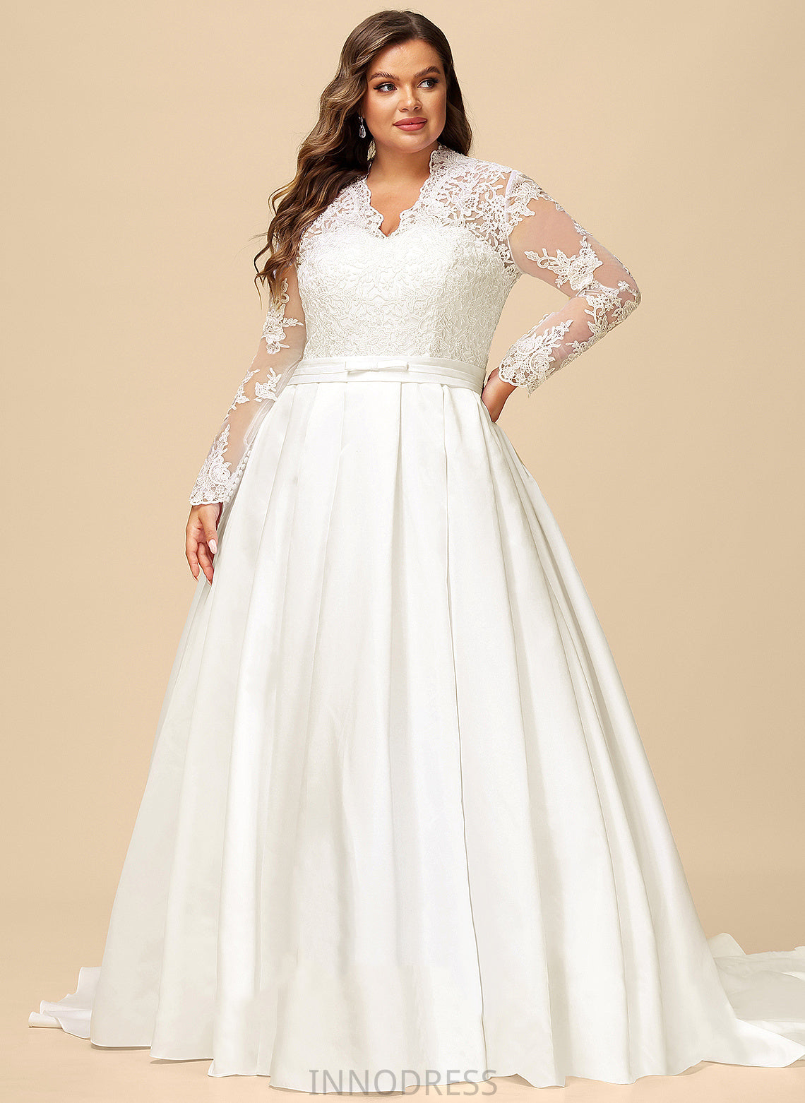 V-neck Wedding Lace Ball-Gown/Princess Elena With Satin Bow(s) Dress Train Wedding Dresses Court