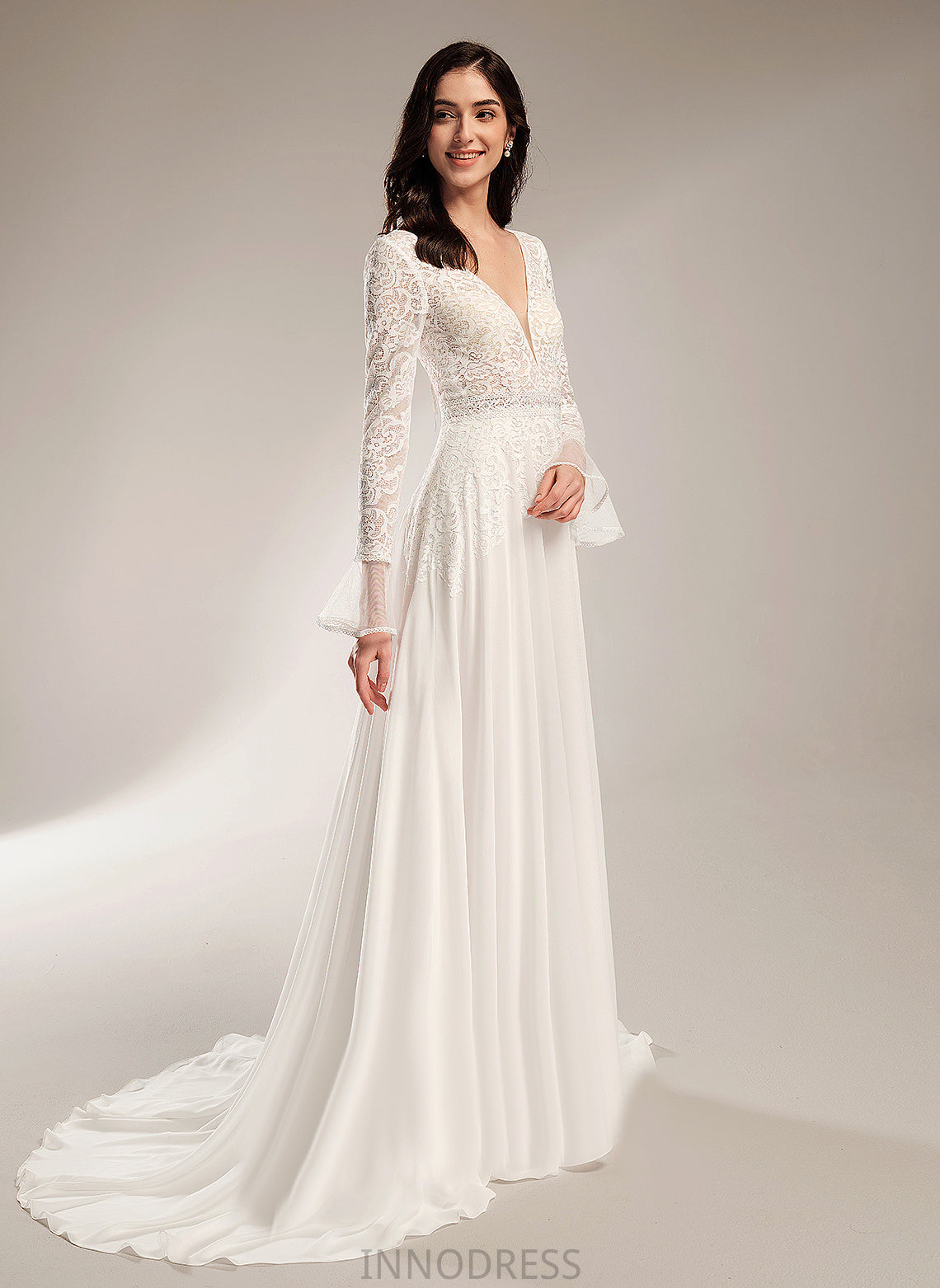 Wedding Dresses V-neck Dress Aurora Lace Train Wedding With A-Line Chiffon Court Ruffle