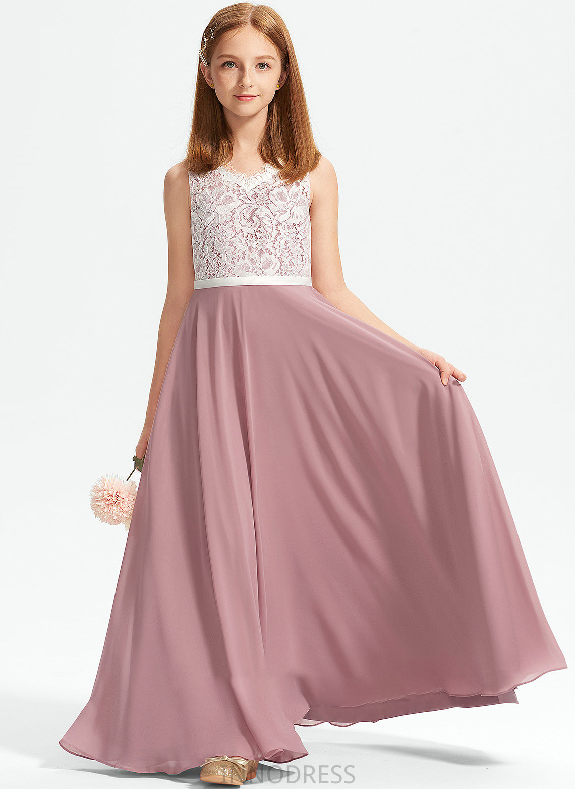 V-neck Floor-Length A-Line Junior Bridesmaid Dresses Lace Chiffon Kylie