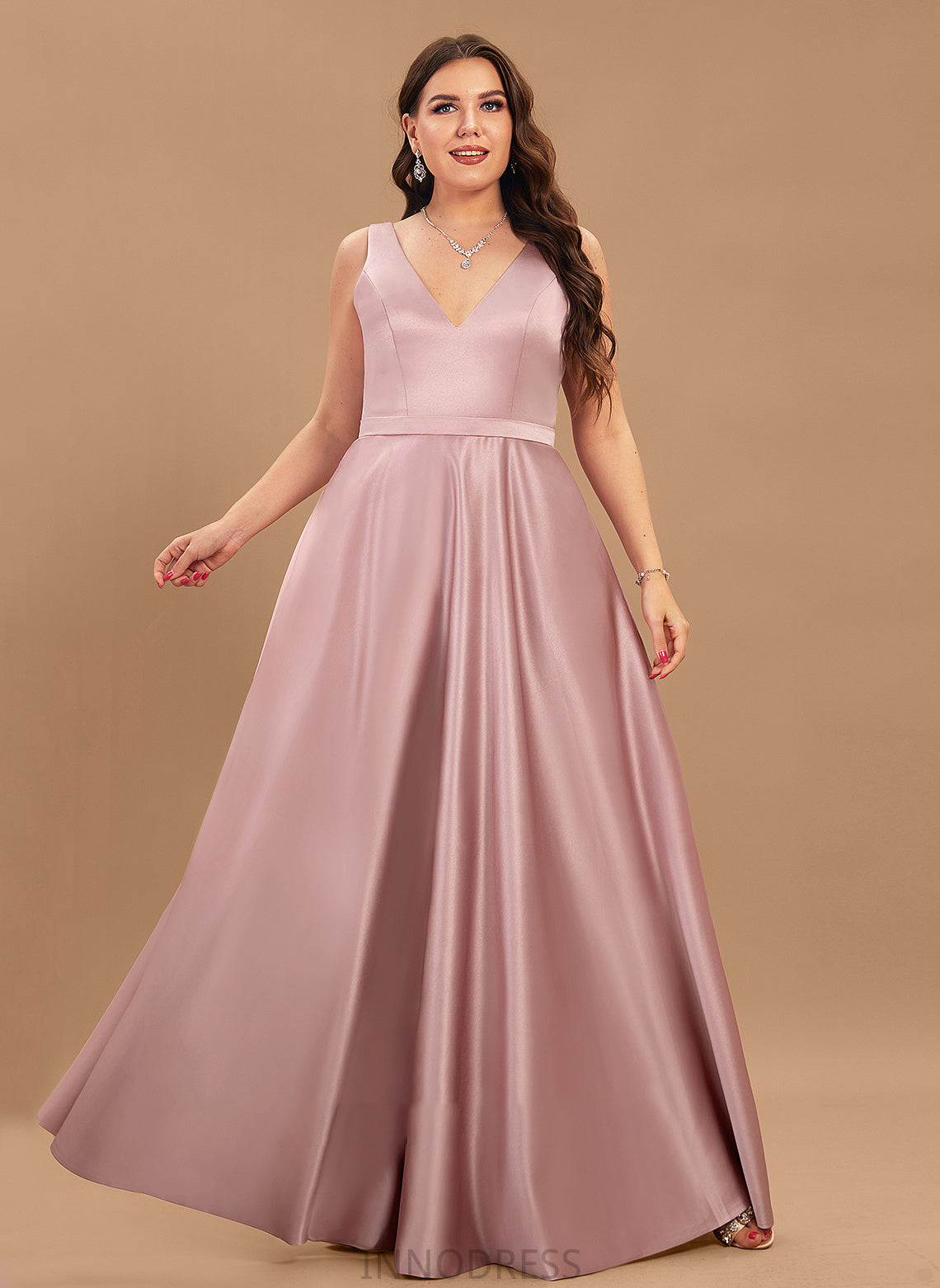 Floor-Length Pockets Satin Prom Dresses V-neck Jayleen With Ball-Gown/Princess