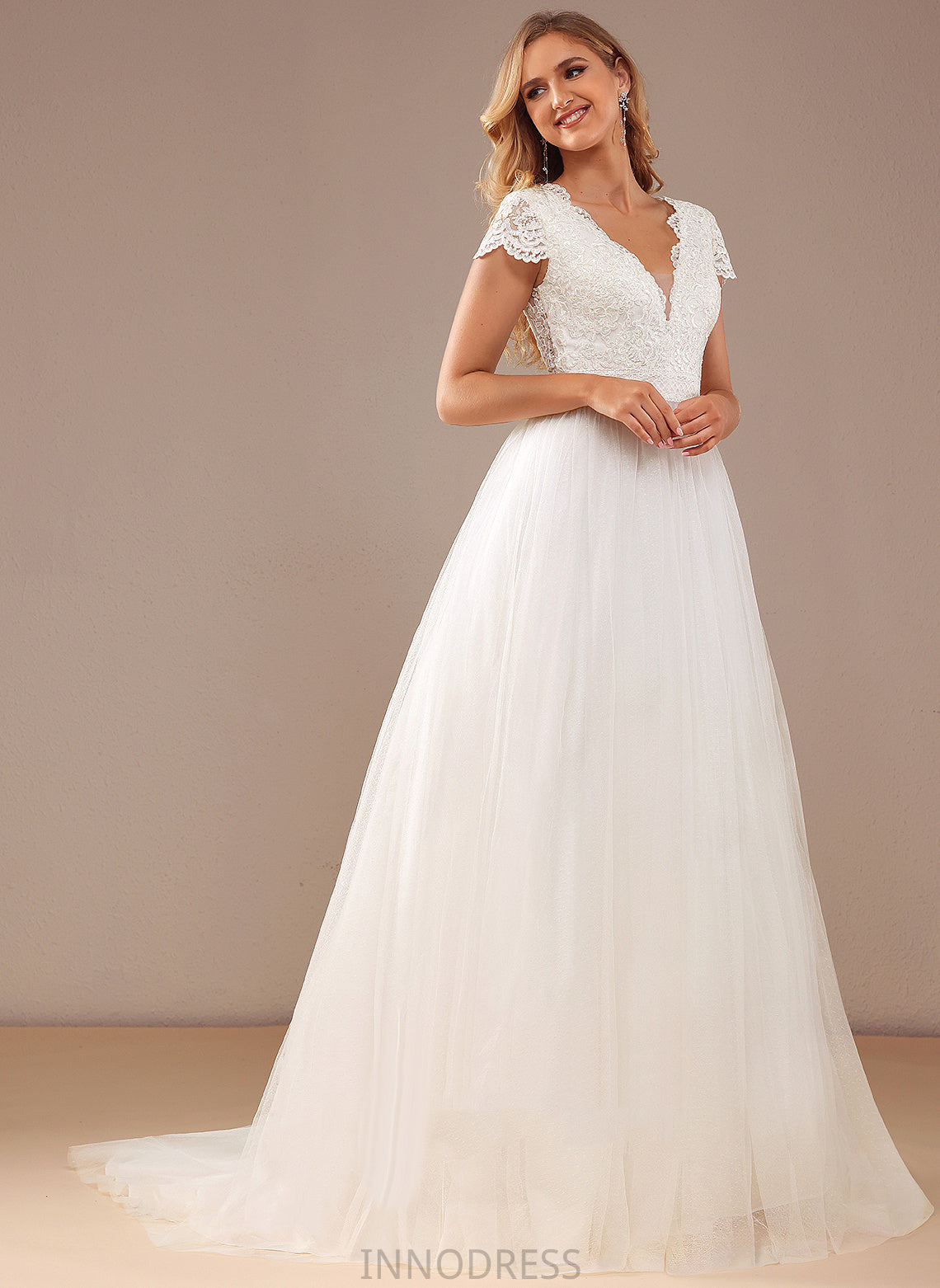 Court Train Dress With Sequins Lace Melina Tulle Lace V-neck Wedding Ball-Gown/Princess Wedding Dresses