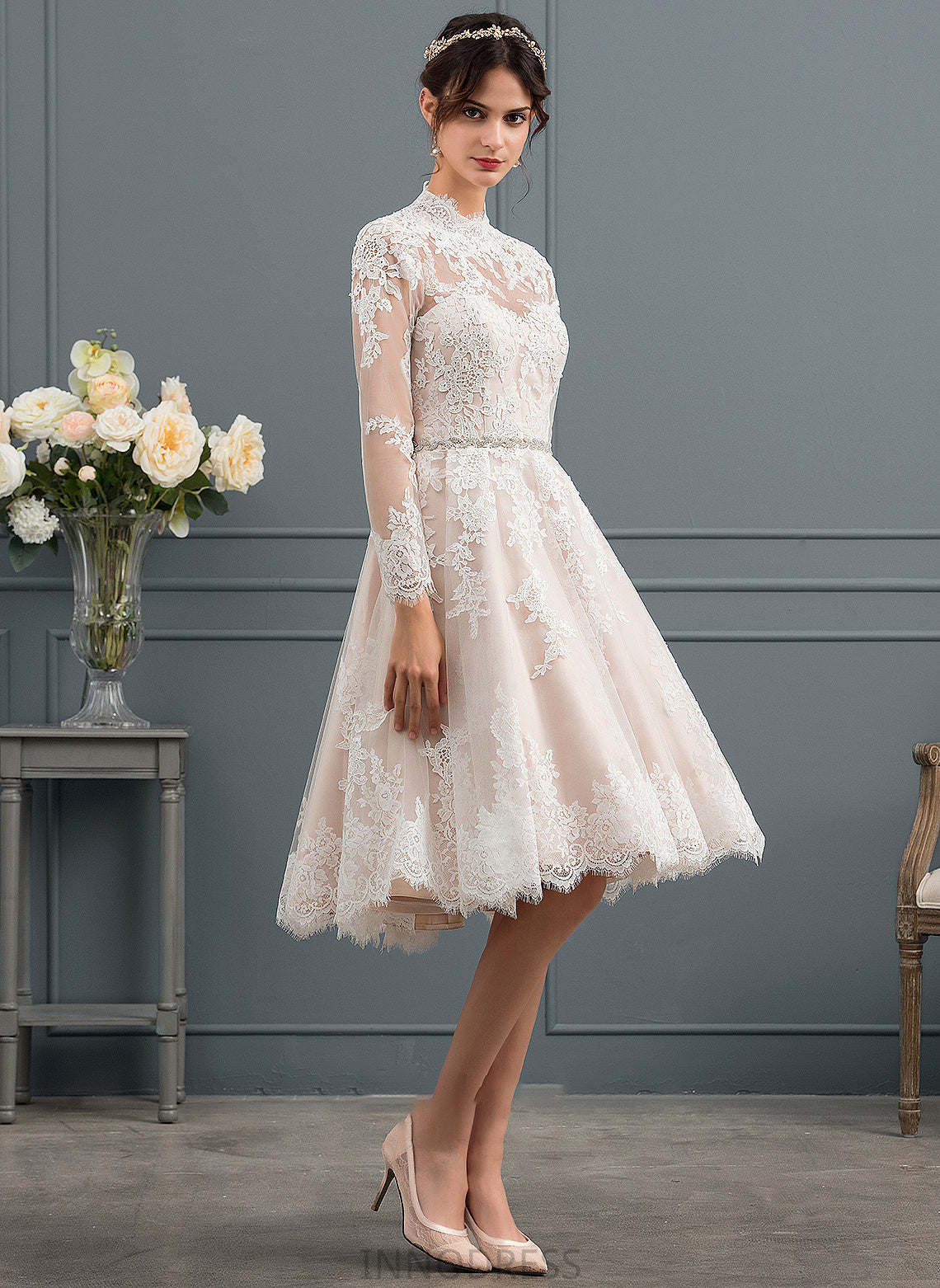 Knee-Length Illusion Wedding Dress Lace Sandra Wedding Dresses A-Line