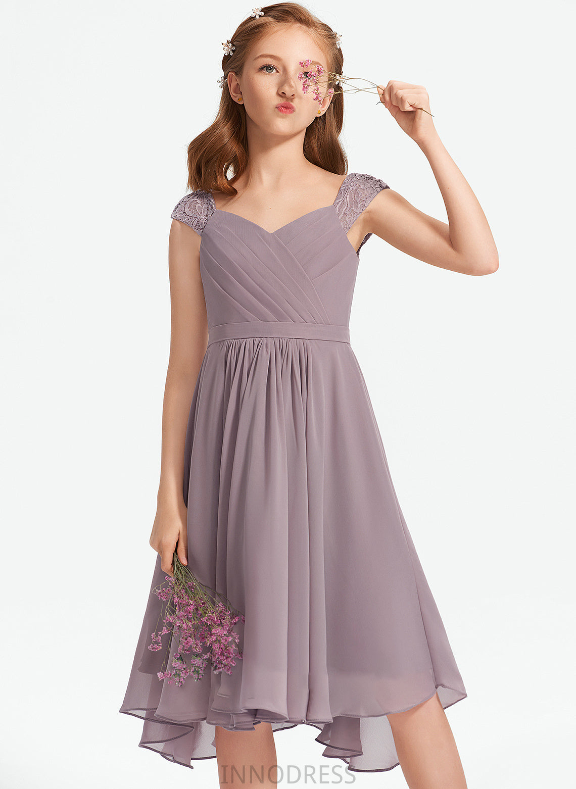 Lynn Lace Chiffon Knee-Length Junior Bridesmaid Dresses A-Line With Ruffle V-neck