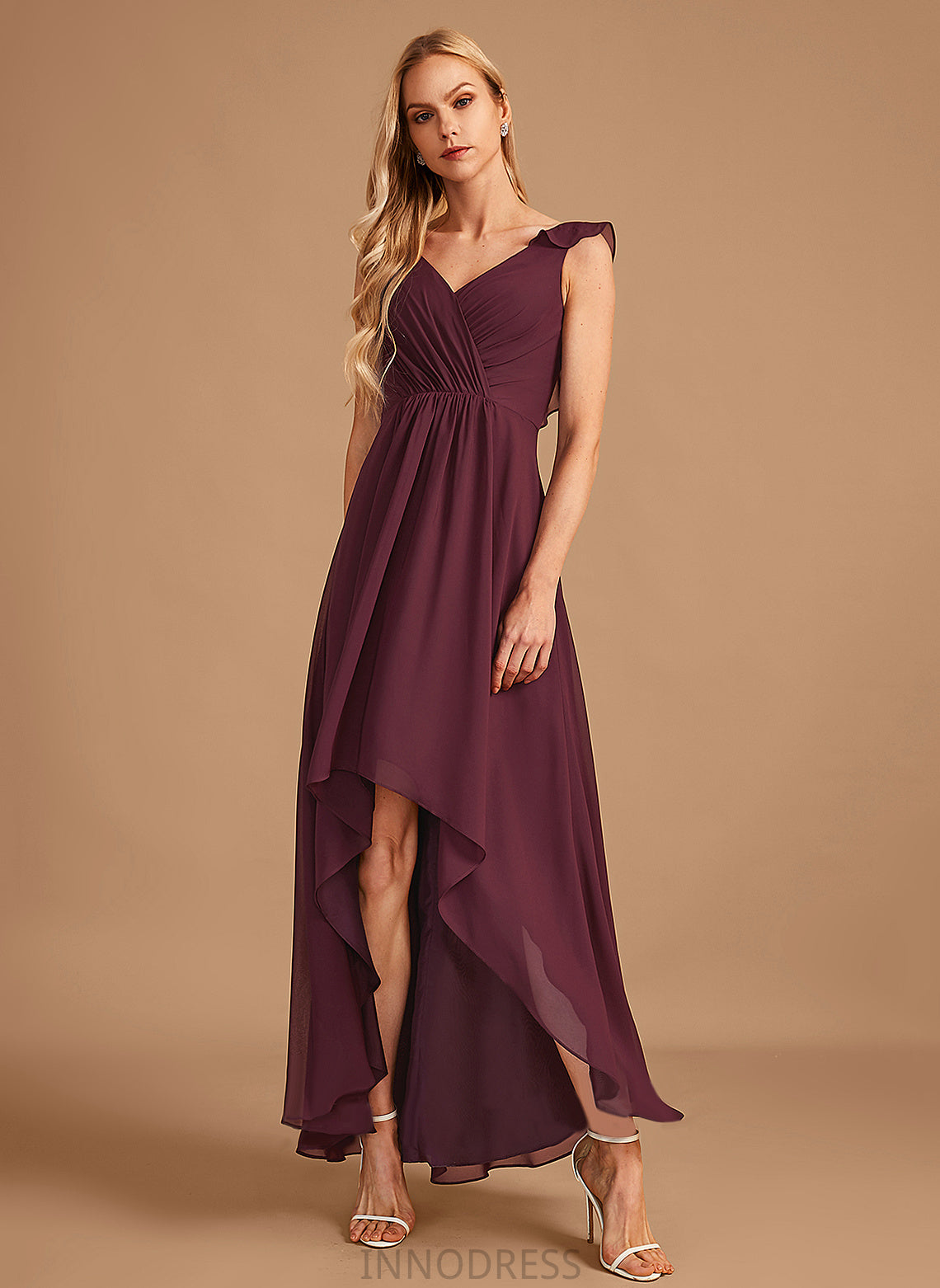 Length Neckline A-Line Silhouette V-neck Fabric Ruffle Embellishment Asymmetrical Kali Floor Length Sleeveless Bridesmaid Dresses